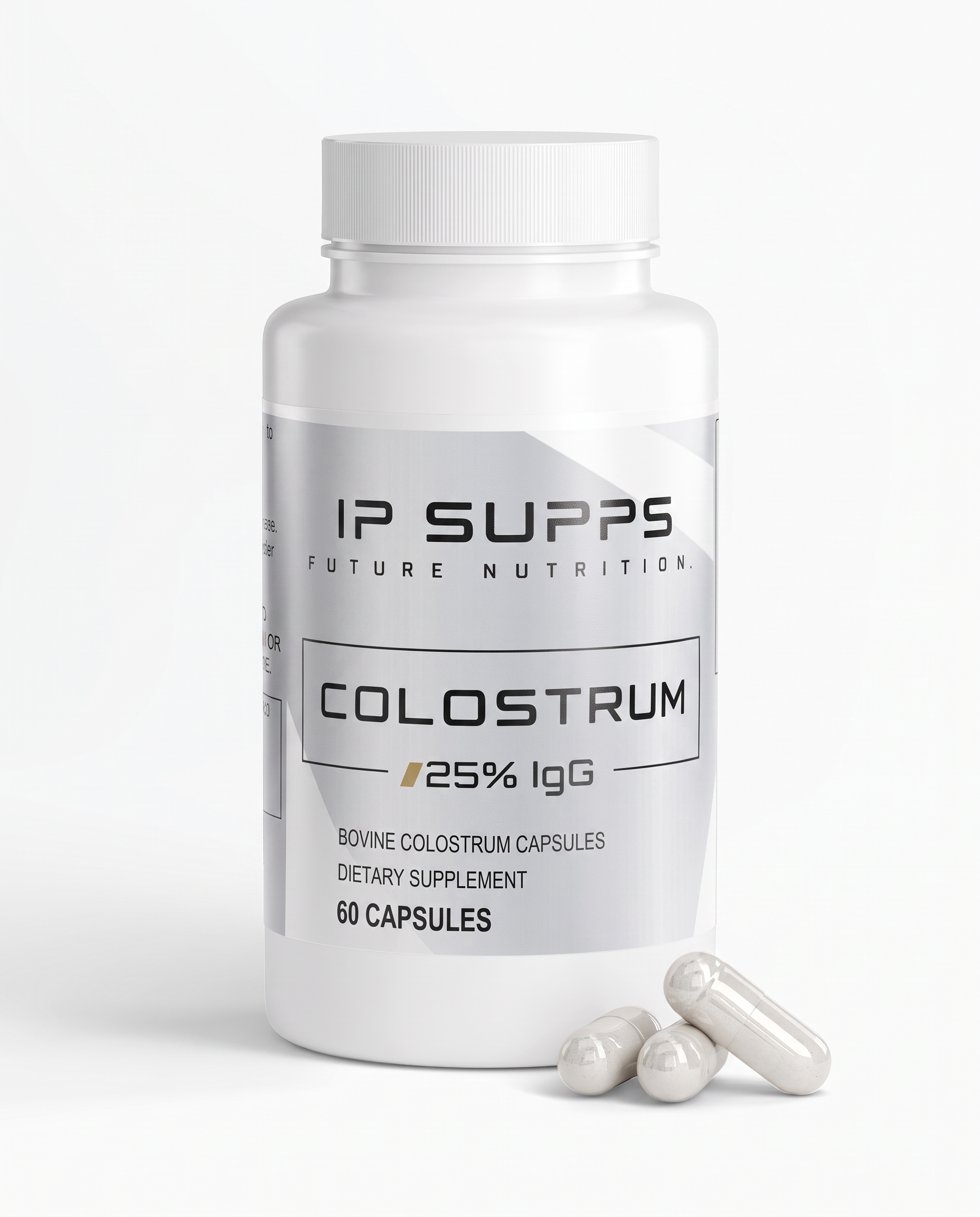IP SUPPS Colostrum Capsules, white bottle with ribbed cap and silver label